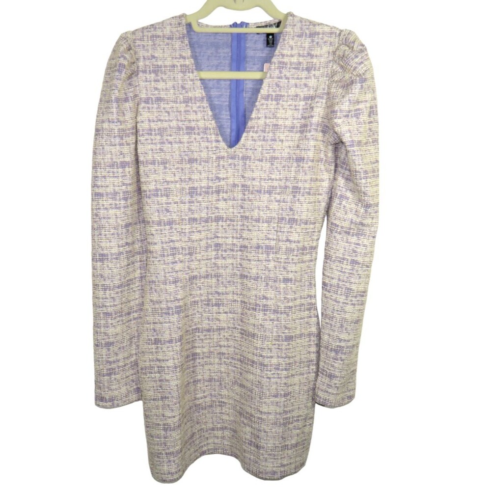 Aqua Women's Lavender White Boucle Long Sleeve V Neck Mini Dress Size XS